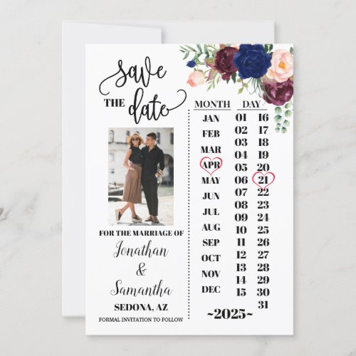 Photo calendar save the date navy burgundy wedding invitation