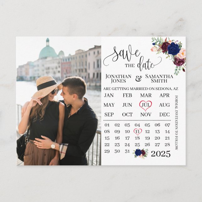 Photo calendar save the date navy burgundy wedding postcard (Front)