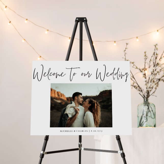 Photo Calligraphy Black White Wedding Welcome Foam Board (In Situ (Stand))