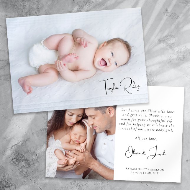 Photo Calligraphy Name Birth Stats New Baby Thank You Card (Creator Uploaded)