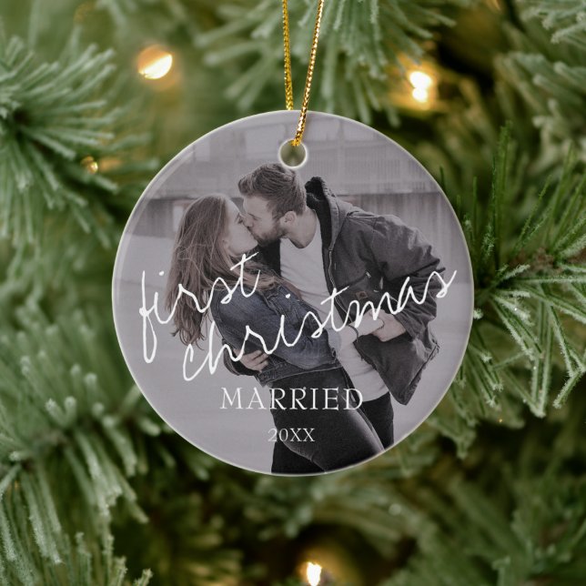 Photo Calligraphy Script 1st Christmas Married Ceramic Ornament (Tree)