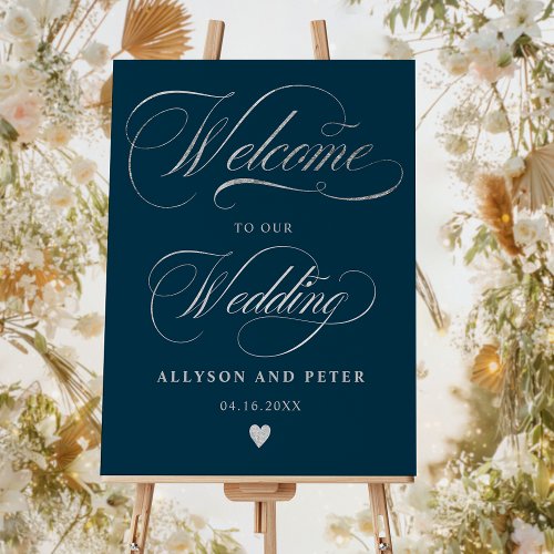 Photo calligraphy silver blue wedding welcome foam board