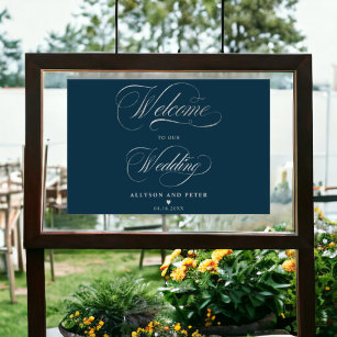 Photo calligraphy silver blue wedding welcome poster