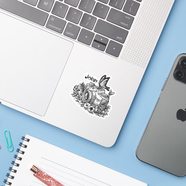 Photo camera drawing with your name (change it) sticker (Laptop w/ iPhone)