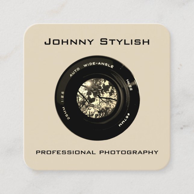 Photo camera lens artistic cover square business card (Front)