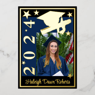 Photo Cap, Diploma, Stars, Blue & Black Graduation Foil Invitation