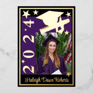 Photo Cap, Diploma, Stars, Purple/Black Graduation Foil Invitation