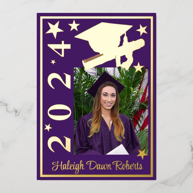 Photo Cap, Diploma, & Stars, Purple Graduation Foil Invitation (Front)