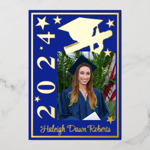 Photo Cap/Diploma/Stars, Royal Blue Graduation Foil Invitation