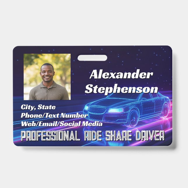 Photo Car Driving Lyft Uber Driver Rideshare ID Badge (Front)