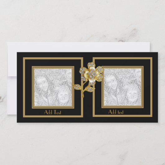 Photo Card Black Gold Flower Double Frame (Front)