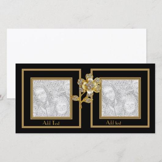 Photo Card Black Gold Flower Double Frame (Front/Back)