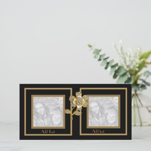 Photo Card Black Gold Flower Double Frame (Standing Front)
