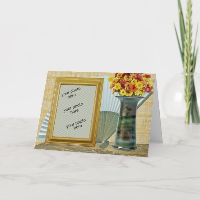 Photo Card with Fan, Flowers in Vase, Wooden Frame (Front)