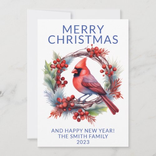 Photo Cardinal Wreath Blue Holiday Card