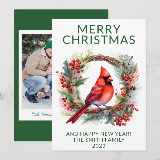 Photo Cardinal Wreath Green Holiday Card (Front/Back)