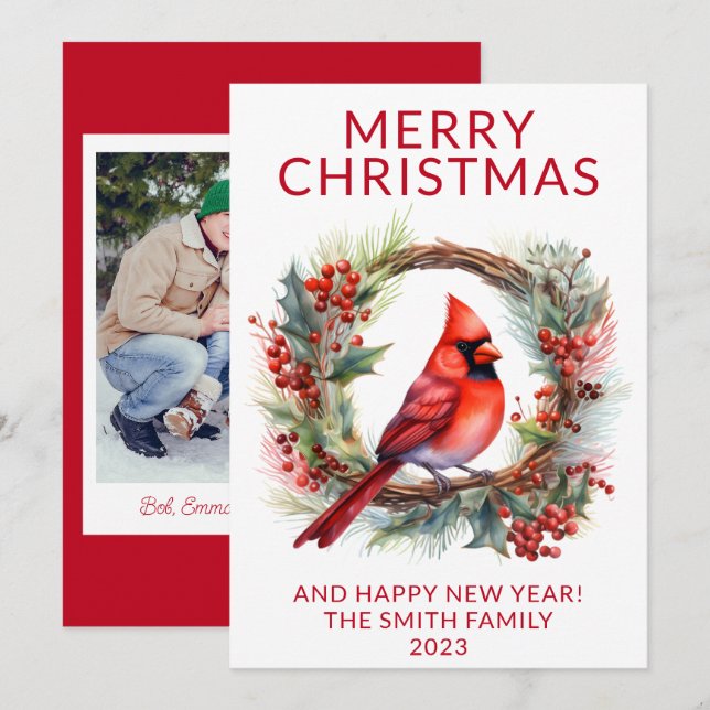 Photo Cardinal Wreath Red Holiday Card (Front/Back)