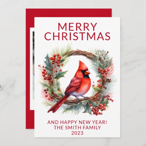 Photo Cardinal Wreath Red Holiday Card