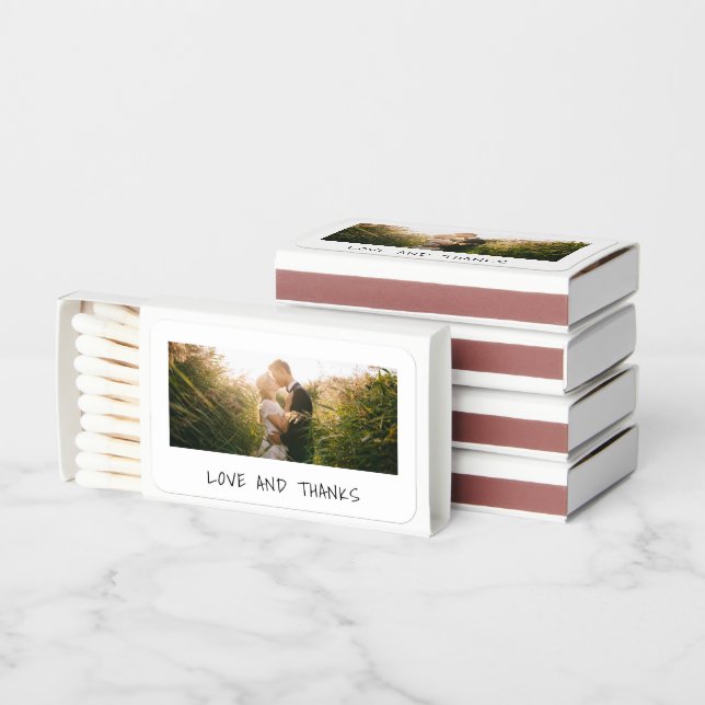 Photo Casual Handwriting Love and Thanks Wedding Matchboxes (Stacked)