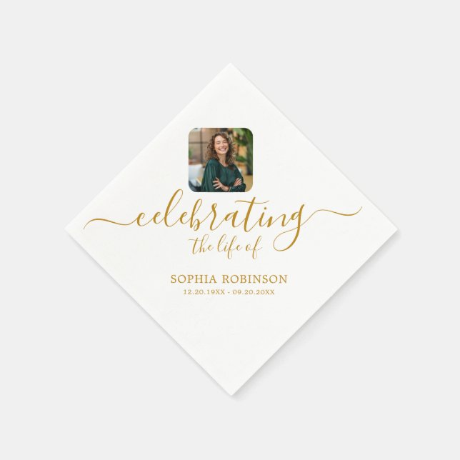  Photo Celebrating The Life Gold Script Funeral Napkins (Corner)