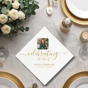  Photo Celebrating The Life Gold Script Funeral Napkins
