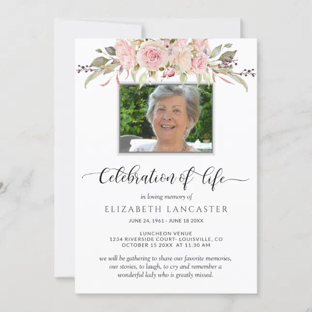 Photo Celebration of Life, Floral Funeral Invite | Zazzle