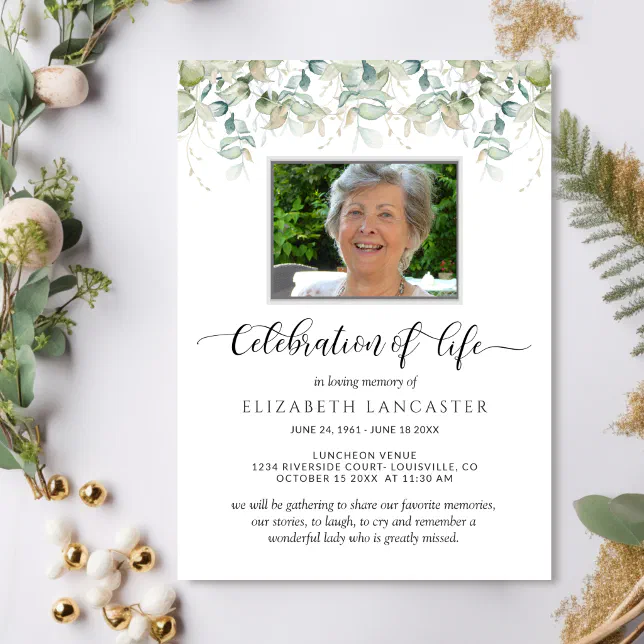 Photo Celebration of Life, Greenery Funeral Invite | Zazzle