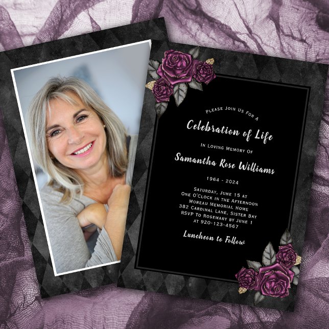 Photo Celebration of Life Roses Floral Funeral   Invitation (Creator Uploaded)
