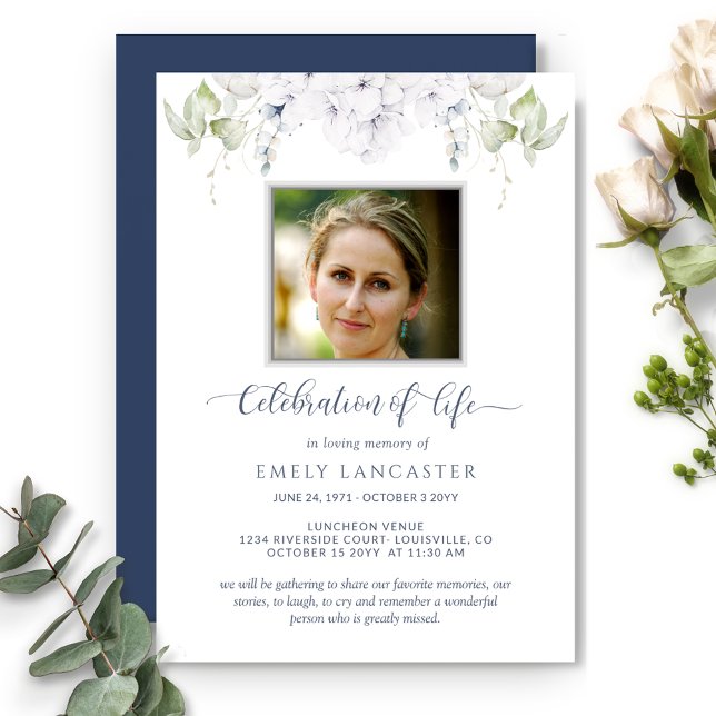 Photo Celebration of Life, White Floral Funeral Invitation (Creator Uploaded)