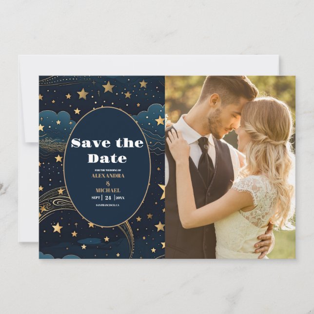 Photo Celestial Crescent Moon Gold Wedding Save The Date (Front)