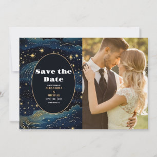 Photo Celestial Midnight Blue Stars Moon Wedding Save The Date