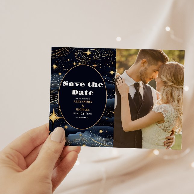 Photo Celestial Midnight Blue Stars Moon Wedding Save The Date (Creator Uploaded)
