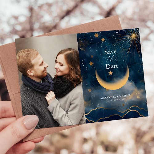 Photo Celestial Midnight Blue Stars Moon Wedding Save The Date