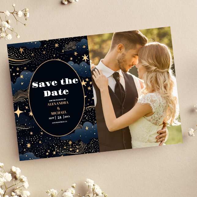 Photo Celestial Midnight Blue Stars Moon Wedding Save The Date (Creator Uploaded)