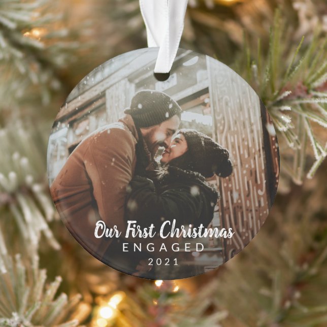 Photo Chalk Script Our First Christmas Engaged Ornament (Tree)