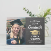 Photo Chalkboard Black White and Gold Graduation Invitation (Standing Front)
