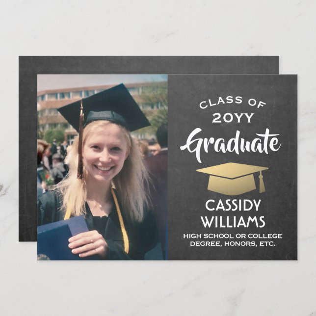 Photo Chalkboard Black White and Gold Graduation Invitation (Front/Back)