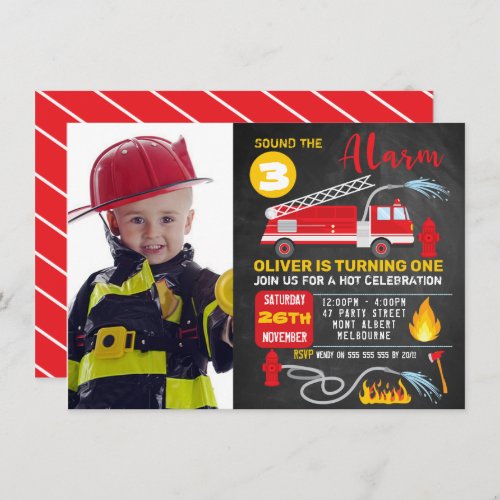 Photo Chalkboard Fire Truck Birthday Invitation