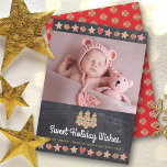 Photo Chalkboard Gingerbread Cookies Sweet Wishes Holiday Card<br><div class="desc">“Sweet Holiday Wishes”. A custom photo of your choice, whimsical gingerbread cookie tree, stars, hearts and candies, and playful script typography, overlay a dark charcoal gray chalkboard background and help you usher in the holiday party season. A peppermint candy pattern over a red background adorns the back. Celebrate with family...</div>
