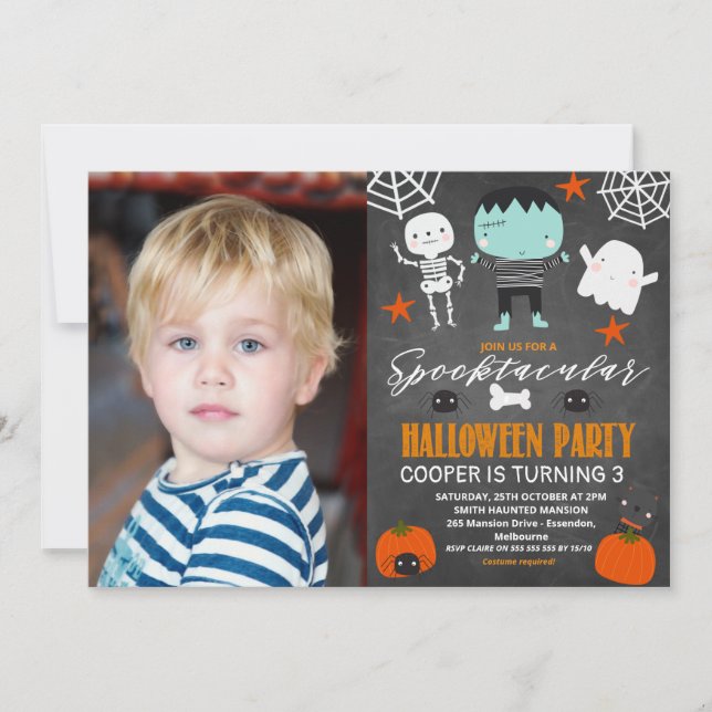 Photo Chalkboard Halloween Party Birthday Invitation (Front)