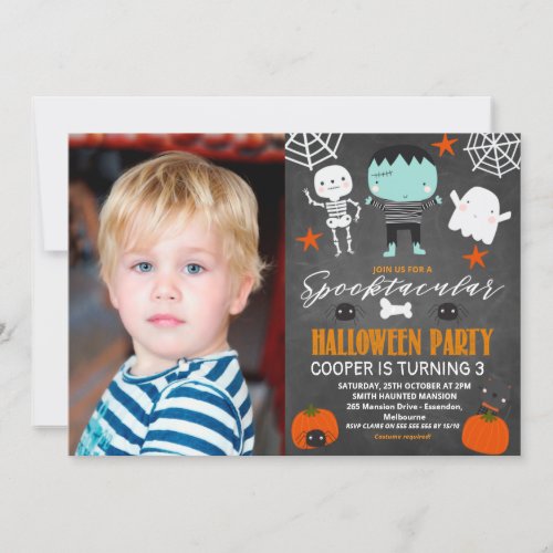 Photo Chalkboard Halloween Party Birthday Invitation