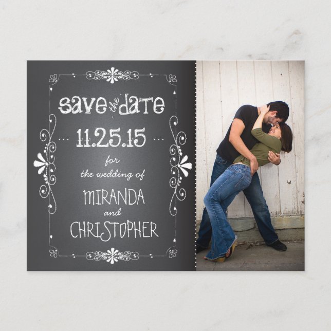 Photo Chalkboard Save the Date Wedding Postcard (Front)