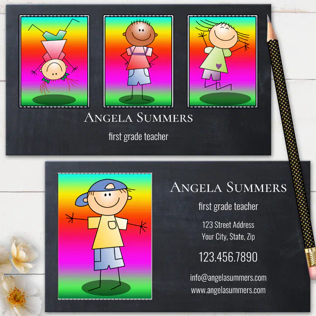 Photo Chalkboard Teacher Custom Illustrations Business Card | Zazzle