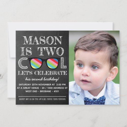 Photo Chalkboard Two Cool Two Years Old Birthday Invitation