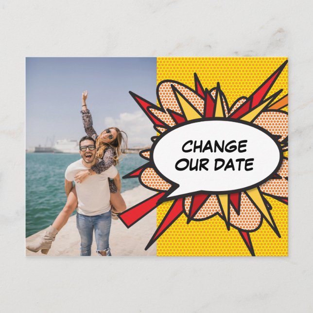 Photo Change Our Date Postponed Modern Fun Announcement Postcard (Front)
