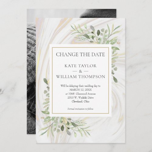 Photo Change the Date Greenery Leaves Marble Swirl Save The Date