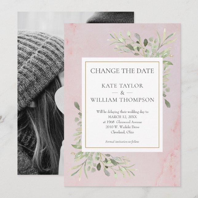 Photo Change the Date Greenery Leaves Pink Marble Save The Date (Front/Back)