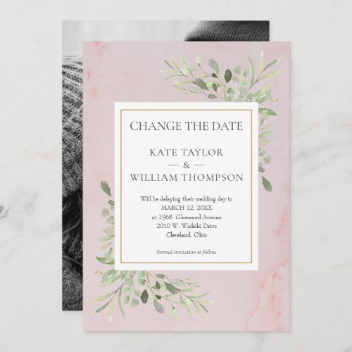 Photo Change the Date Greenery Leaves Pink Marble Save The Date
