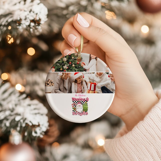 Photo Checkered Merry & Bright Christmas Ceramic Ornament (Creator Uploaded)