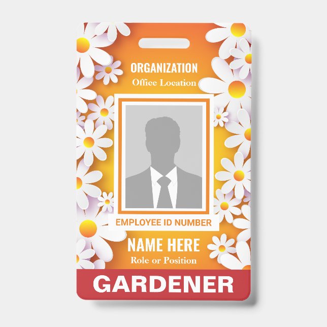 Photo Cheerful White Daisies Orange Identification Badge (Front)